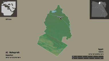 Al Buhayrah 'ın şekli, Mısır valisi ve başkenti. Uzaklık ölçeği, ön gösterimler ve etiketler. Topografik yardım haritası. 3B görüntüleme