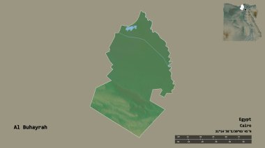 Mısır valisi Al Buhayrah 'ın şekli, başkenti sağlam bir zemine sahip. Uzaklık ölçeği, bölge önizlemesi ve etiketleri. Topografik yardım haritası. 3B görüntüleme