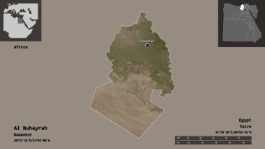 Al Buhayrah 'ın şekli, Mısır valisi ve başkenti. Uzaklık ölçeği, ön gösterimler ve etiketler. Uydu görüntüleri. 3B görüntüleme
