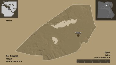 Al Fayyum 'un şekli, Mısır valisi ve başkenti. Uzaklık ölçeği, ön gösterimler ve etiketler. Renkli yükseklik haritası. 3B görüntüleme