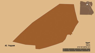 Mısır valisi Al Fayyum 'un şekli, başkenti sağlam bir arka planda izole edilmiş. Uzaklık ölçeği, bölge önizlemesi ve etiketleri. Desenli dokuların bileşimi. 3B görüntüleme
