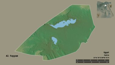 Mısır valisi Al Fayyum 'un şekli, başkenti sağlam bir arka planda izole edilmiş. Uzaklık ölçeği, bölge önizlemesi ve etiketleri. Topografik yardım haritası. 3B görüntüleme