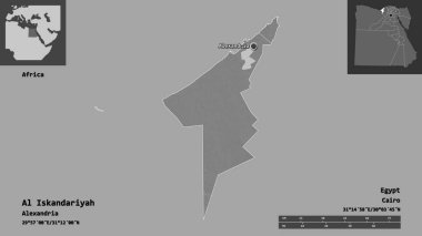 Al Iskandariyah 'ın şekli, Mısır valisi ve başkenti. Uzaklık ölçeği, ön gösterimler ve etiketler. Çift seviyeli yükseklik haritası. 3B görüntüleme