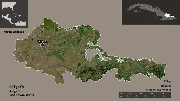 キューバのホルギン州とその首都の形 距離スケール プレビューおよびラベル 衛星画像 3Dレンダリング — ストック写真