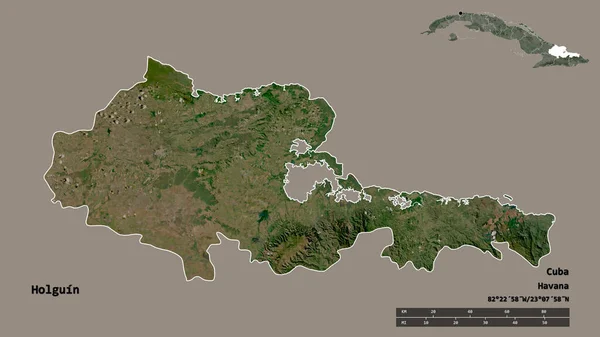 古巴省Holguin形状 其首都背景坚实 与世隔绝 距离尺度 区域预览和标签 卫星图像 3D渲染 — 图库照片