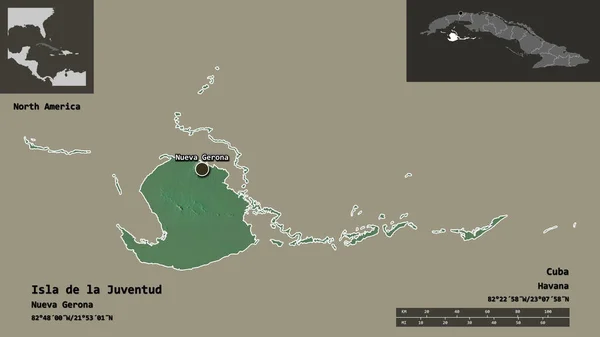 キューバのジュベンチュード島 およびその首都の形 距離スケール プレビューおよびラベル 地形図 3Dレンダリング — ストック写真