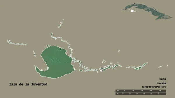 キューバ共和国のジュベンチュード島の形で その首都はしっかりとした背景に隔離されています 距離スケール リージョンプレビュー およびラベル 地形図 3Dレンダリング — ストック写真