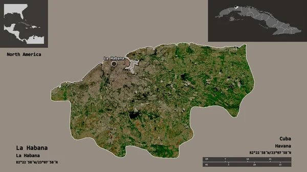 古巴哈瓦那省的形状及其首都 距离刻度 预览和标签 卫星图像 3D渲染 — 图库照片