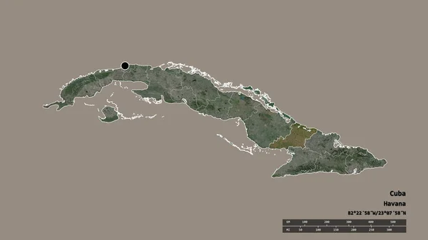 主要な地域部門と分離されたラス トゥナス地域とキューバの荒廃した形 ラベル 衛星画像 3Dレンダリング — ストック写真