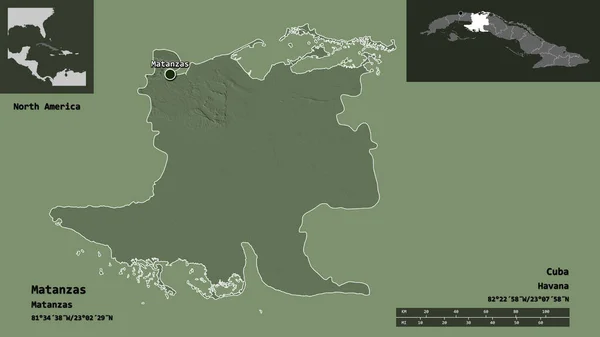 キューバのマタンザス州とその首都の形 距離スケール プレビューおよびラベル 色の標高マップ 3Dレンダリング — ストック写真