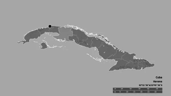 主要な地域部門と分離されたMatanzas地域とキューバの荒廃した形 ラベル 標高マップ 3Dレンダリング — ストック写真