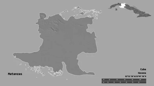 キューバの州 マタンサの形は その首都はしっかりとした背景に隔離されています 距離スケール リージョンプレビュー およびラベル 標高マップ 3Dレンダリング — ストック写真
