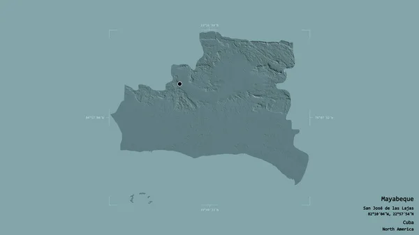 古巴省Mayabeque地区 以坚实的背景隔离在一个地理参照盒中 彩色高程图 3D渲染 — 图库照片