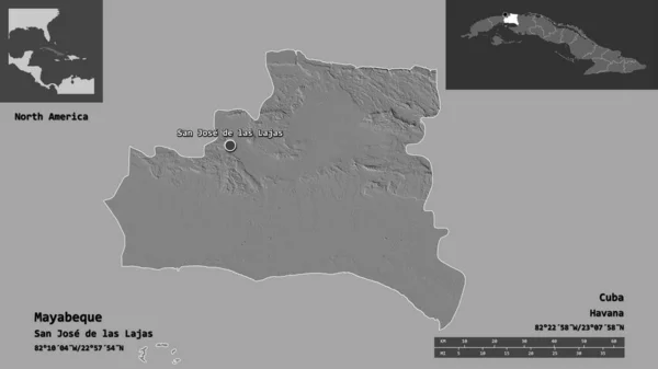 古巴马雅比基省的形状及其首都 距离刻度 预览和标签 Bilevel高程图 3D渲染 — 图库照片