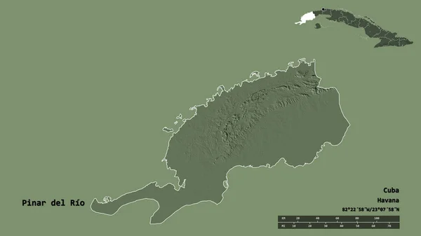 キューバ州のピナール リオの形で その首都はしっかりとした背景に隔離されています 距離スケール リージョンプレビュー およびラベル 色の標高マップ 3Dレンダリング — ストック写真