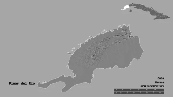 キューバ州のピナール リオの形で その首都はしっかりとした背景に隔離されています 距離スケール リージョンプレビュー およびラベル 標高マップ 3Dレンダリング — ストック写真
