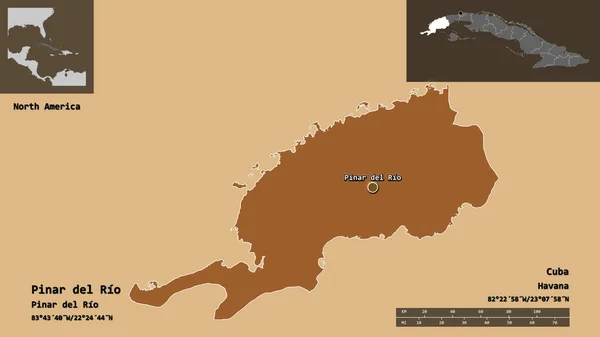 キューバ共和国の首都リオ県のピナール リオ県の形状 距離スケール プレビューおよびラベル パターン化されたテクスチャの構成 3Dレンダリング — ストック写真