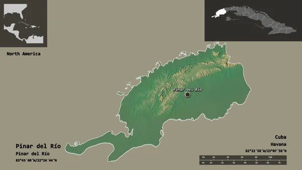 キューバ共和国の首都リオ県のピナール リオ県の形状 距離スケール プレビューおよびラベル 地形図 3Dレンダリング — ストック写真