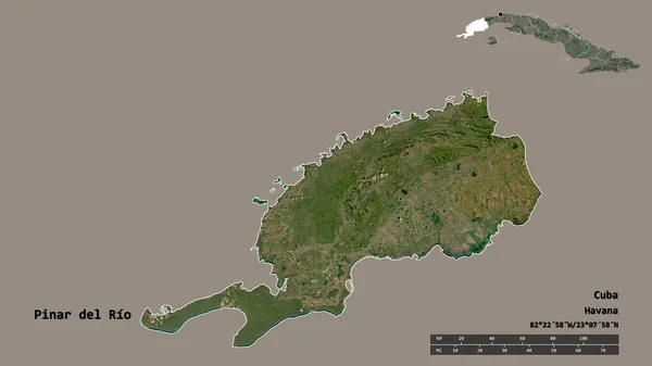 キューバ州のピナール リオの形で その首都はしっかりとした背景に隔離されています 距離スケール リージョンプレビュー およびラベル 衛星画像 3Dレンダリング — ストック写真