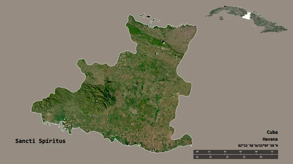 古巴省Sancti Spiritus的形状 其首都背景坚实 与世隔绝 距离尺度 区域预览和标签 卫星图像 3D渲染 — 图库照片