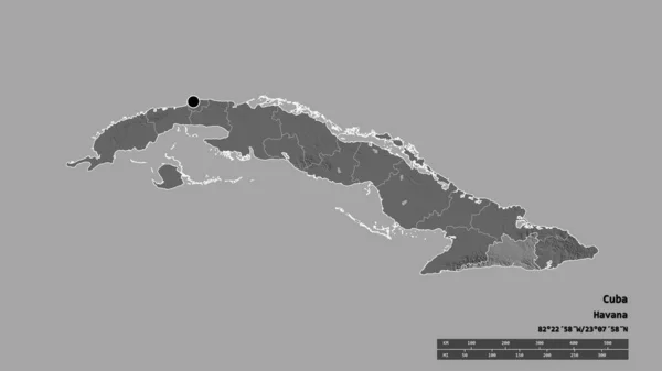 主要な地域部門と分離サンティアゴ キューバ地域でキューバの荒廃した形 ラベル 標高マップ 3Dレンダリング — ストック写真