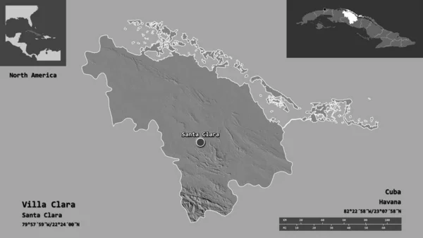 ヴィラクララ キューバの州とその首都の形 距離スケール プレビューおよびラベル 標高マップ 3Dレンダリング — ストック写真
