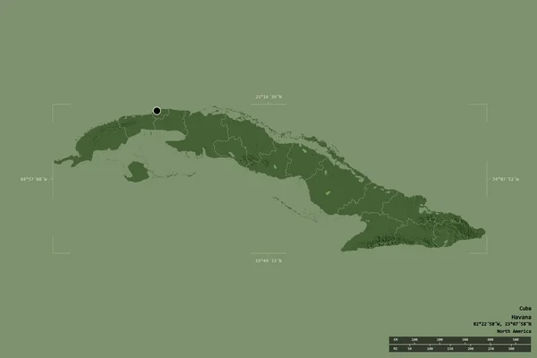 キューバの地域は 洗練された境界の箱の中の強固な背景に隔離されました 主な地域部門 距離スケール ラベル 色の標高マップ 3Dレンダリング — ストック写真