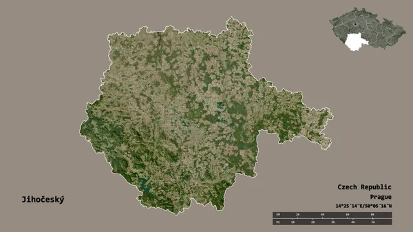 捷克共和国Jihocesky地区的形状 其首都独立于坚实的背景 距离尺度 区域预览和标签 卫星图像 3D渲染 — 图库照片