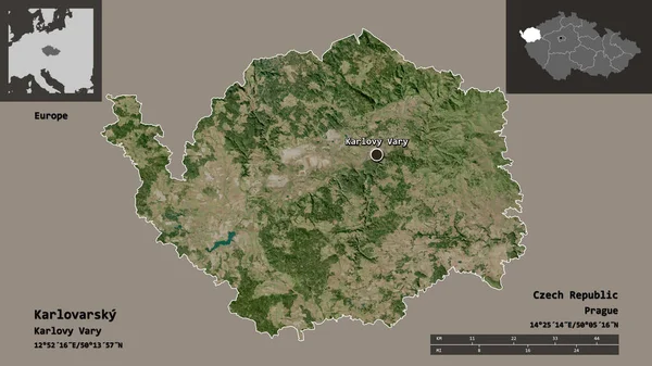捷克共和国卡洛瓦茨基地区的形状及其首都 距离刻度 预览和标签 卫星图像 3D渲染 — 图库照片