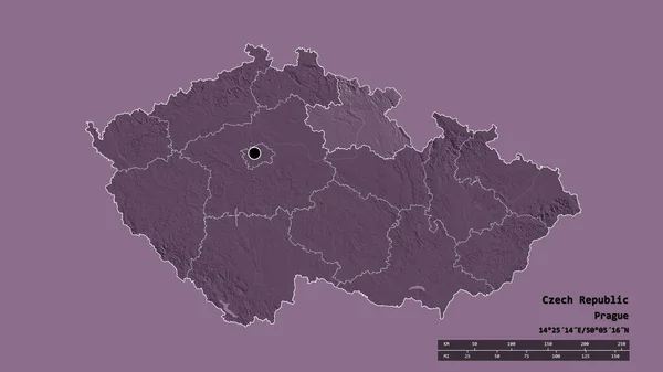 捷克共和国以首都 主要区域分部和分隔的Kralovehradecky地区为首都的绝望形态 彩色高程图 3D渲染 — 图库照片