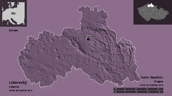 Kształt Liberecky Regionu Czech Jego Stolicy Skala Odległości Zapowiedzi Etykiety — Zdjęcie stockowe