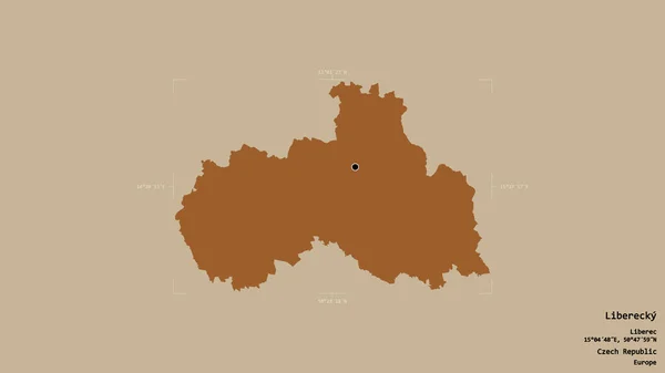 Area of Liberecky, region of Czech Republic, isolated on a solid background in a georeferenced bounding box. Labels. Composition of patterned textures. 3D rendering