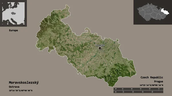 捷克共和国莫拉夫斯科斯莱茨基的形状及其首都 距离刻度 预览和标签 卫星图像 3D渲染 — 图库照片