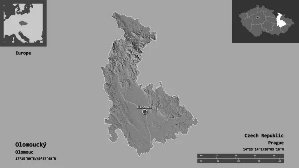 捷克共和国的Olomoucky形状及其首都 距离刻度 预览和标签 Bilevel高程图 3D渲染 — 图库照片