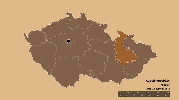 主要な地域部門 分離されたオロモウツ地域とチェコ共和国の荒廃した形 ラベル パターン化されたテクスチャの構成 3Dレンダリング — ストック写真