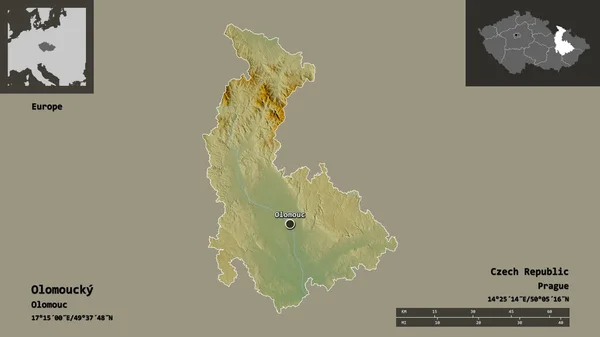 オロモウツの形 チェコ共和国の地域 距離スケール プレビューおよびラベル 地形図 3Dレンダリング — ストック写真