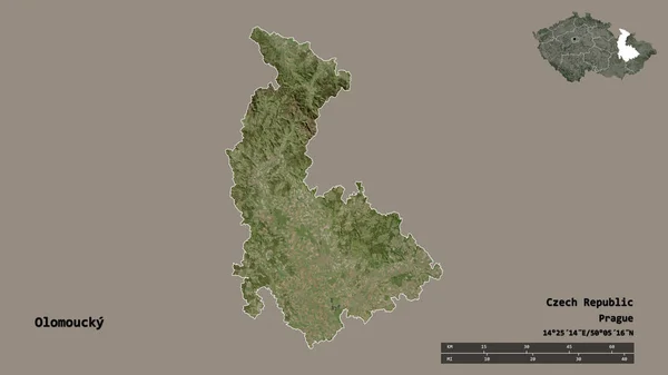 捷克共和国的Olomoucky形状 其首都在坚实的背景下孤立 距离尺度 区域预览和标签 卫星图像 3D渲染 — 图库照片