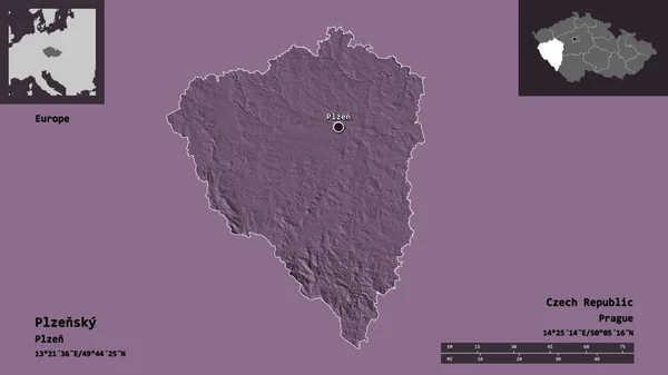 Plzenskyの形状 チェコ共和国の地域 およびその首都 距離スケール プレビューおよびラベル 色の標高マップ 3Dレンダリング — ストック写真