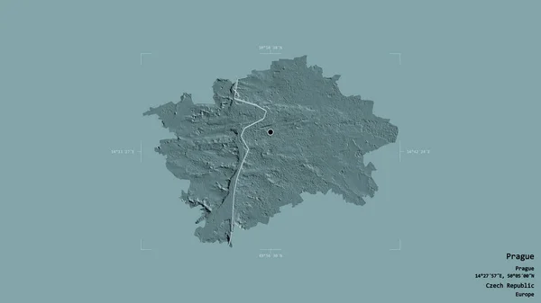 チェコ共和国の領域であるプラハの地域は 洗練された境界線の箱の中にしっかりとした背景に隔離されています ラベル 色の標高マップ 3Dレンダリング — ストック写真