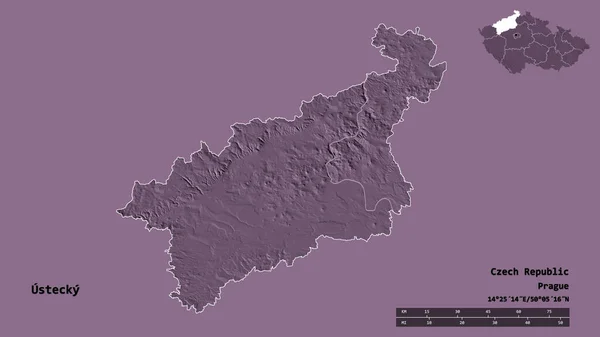 捷克共和国Ustecky地区的形状 其首都在坚实的背景下与世隔绝 距离尺度 区域预览和标签 彩色高程图 3D渲染 — 图库照片