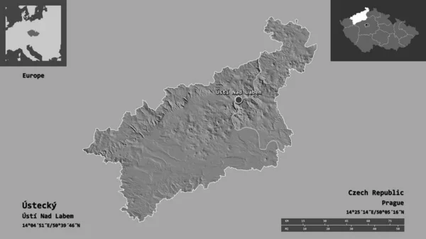 ウステッキの形 チェコ共和国の地域 およびその首都 距離スケール プレビューおよびラベル 標高マップ 3Dレンダリング — ストック写真