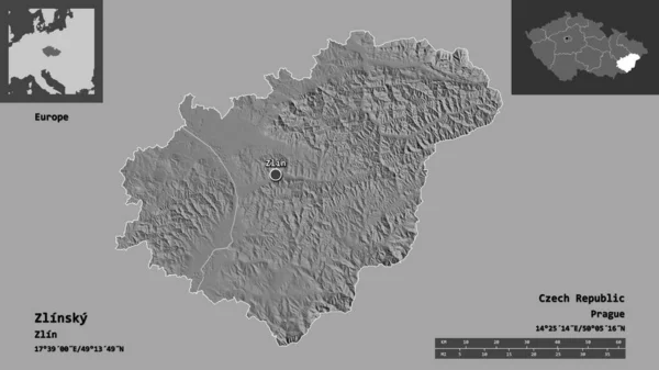 捷克共和国Zlinsky地区的形状及其首都 距离刻度 预览和标签 Bilevel高程图 3D渲染 — 图库照片