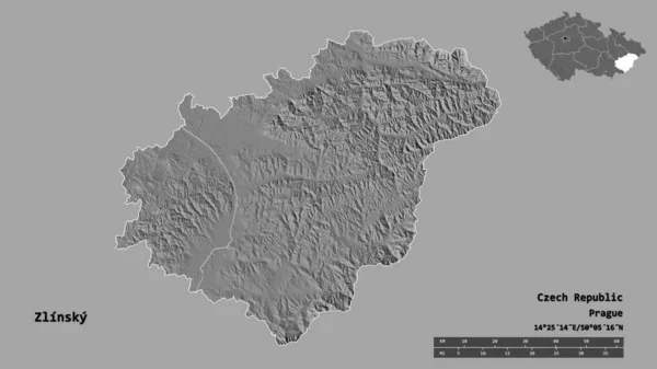 捷克共和国Zlinsky地区的形状 其首都在坚实的背景下与世隔绝 距离尺度 区域预览和标签 Bilevel高程图 3D渲染 — 图库照片