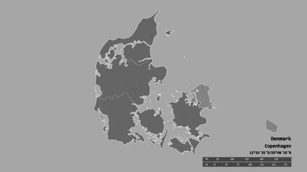 Dánia Kiszáradt Alakja Fővárosával Regionális Részleggel Különálló Hovedstaden Területtel Címkék — Stock Fotó