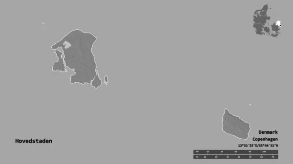 丹麦地区Hovedstaden的形状 其首都在坚实的背景下与世隔绝 距离尺度 区域预览和标签 Bilevel高程图 3D渲染 — 图库照片