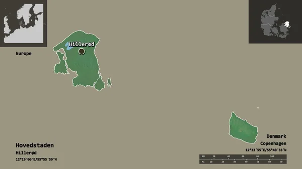 Shape Hovedstaden Region Denmark Its Capital Distance Scale Previews Labels — Stock Photo, Image