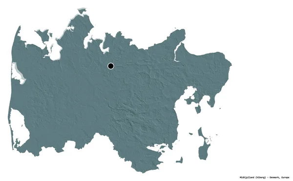 デンマークの中央部に位置する中央部の形状で 白い背景に首都が孤立している 色の標高マップ 3Dレンダリング — ストック写真