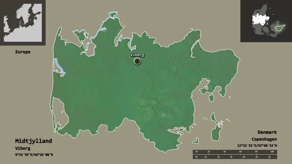 ミッドジランド デンマークの領域 およびその首都の形状 距離スケール プレビューおよびラベル 地形図 3Dレンダリング — ストック写真