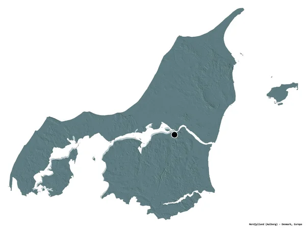 Shape Nordjylland Region Denmark Its Capital Isolated White Background Colored — Stock Photo, Image