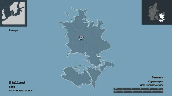 Sjllandの形状 デンマークの地域 およびその首都 距離スケール プレビューおよびラベル 色の標高マップ 3Dレンダリング — ストック写真